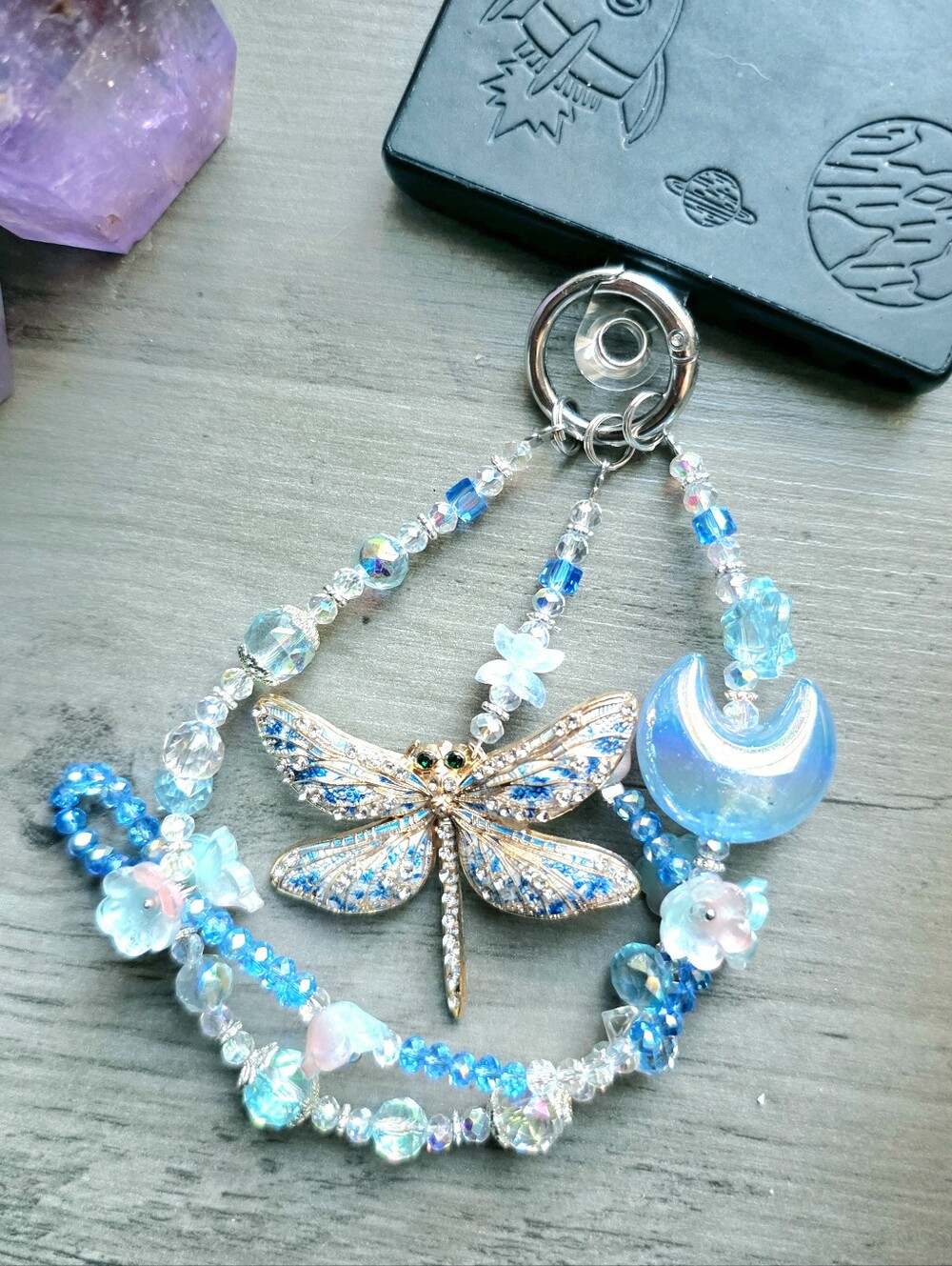 Trendy Whimsical Blue Crystal Dragonfly Phone Charm Or Bag Keychain